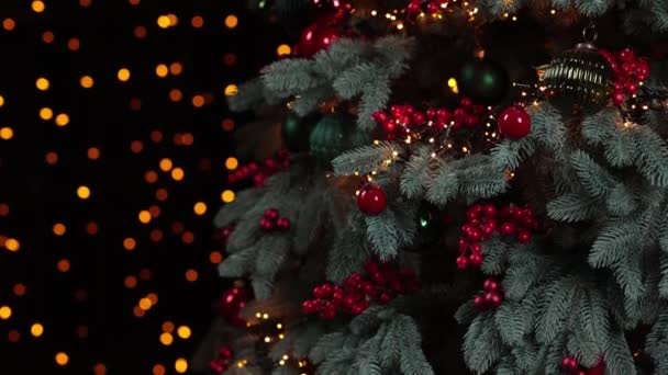美丽的冬冷树绿色枝条 圣诞花环上点缀着神奇的节日灯光 圣诞或新年假期4K视频背景 — 图库视频影像