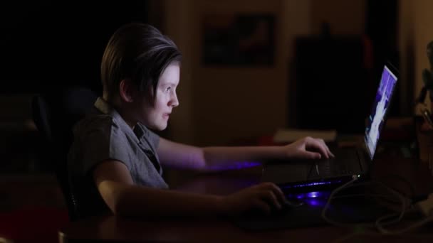 Teenage Boy Playing Video Game His Laptop Darkness Night Computer — Stock Video