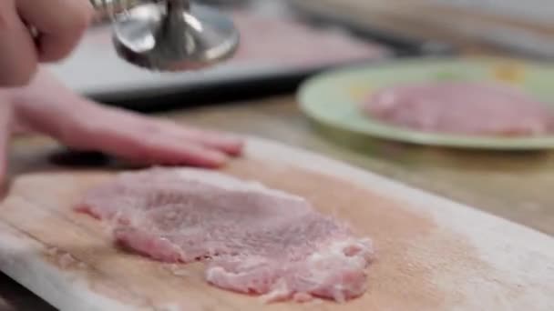 Woman Beats Meat Chops Hammer Home Kitchen — Stock Video
