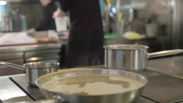 Сковородка Кастрюля Блюдами Плите — стоковое видео