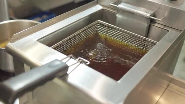Profesyonel Bir Restoranın Mutfağında Kızartma Tabakları Için Kızartma Makinesi Kaynıyor — Stok video