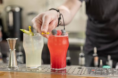 Barmen, sıcak bir yaz gününde barda serinletici iki alkollü kokteyl hazırladı..