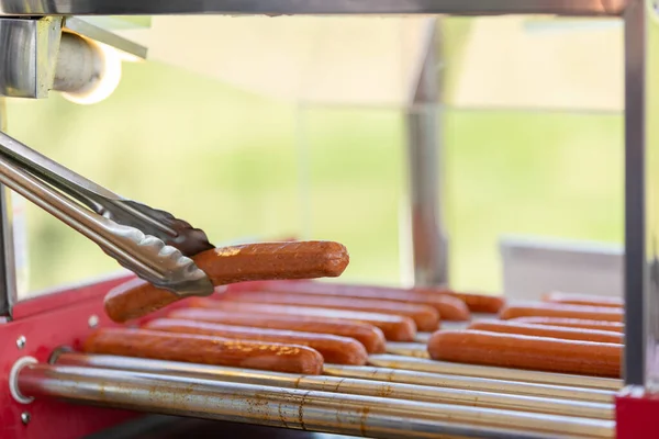 Greasy Hot Dog Sausages Culinary Machine Cafe Cooking Sausages Hot — Stock Photo, Image
