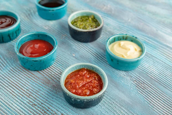 Soy Pesto Mayonnaise Tkemali Ketchup Adjika Sauces Clay Bowls Wooden — Stock Photo, Image