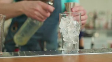 Profesyonel bir barmen barda veya restoranda müşteriler için buzlu alkollü kokteyl hazırlar.