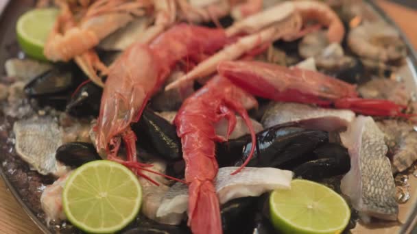 Nahaufnahme Von Einer Vielzahl Von Frischen Meeresfrüchten Auf Dem Teller — Stockvideo