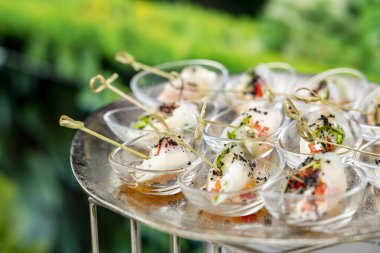 Tatil için atıştırmalıklar, yemek servisi. Hafif yaz atıştırmaları. Yemek tabağı. Açık büfe masası. moleküler mutfak.