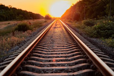 Tren rayları. Gün batımında demiryolu rayları