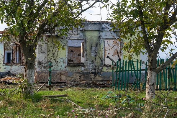 stock image War in Ukraine. 2022 Russian invasion of Ukraine. Countryside. House destroyed by shelling. Destruction of infrastructure. Terror of the civilian population. War crimes