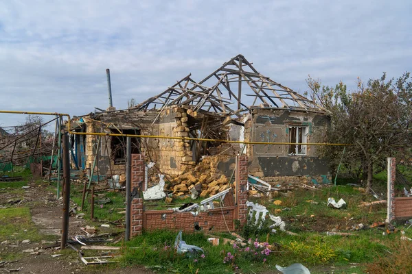 stock image War in Ukraine. 2022 Russian invasion of Ukraine. Countryside. House destroyed by shelling. Destruction of infrastructure. Terror of the civilian population. War crimes