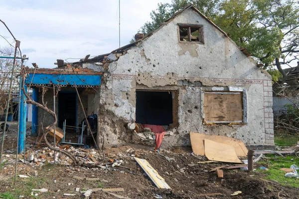 stock image War in Ukraine. 2022 Russian invasion of Ukraine. Countryside. House destroyed by shelling. Destruction of infrastructure. Terror of the civilian population. War crimes