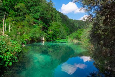 Hırvatistan. Plitvice Lakes Ulusal Parkı. Kristal berrak turkuaz su ile göl. Popüler turist mekanı. UNESCO Dünya Mirasları Listesi