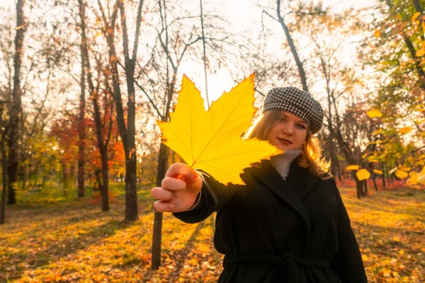 Autumn forest. Sunny day. Yellow leaves fell from the trees. A girl in a black coat holds a yellow leaf in her hands. Autumn walks in the forest. Connection with nature