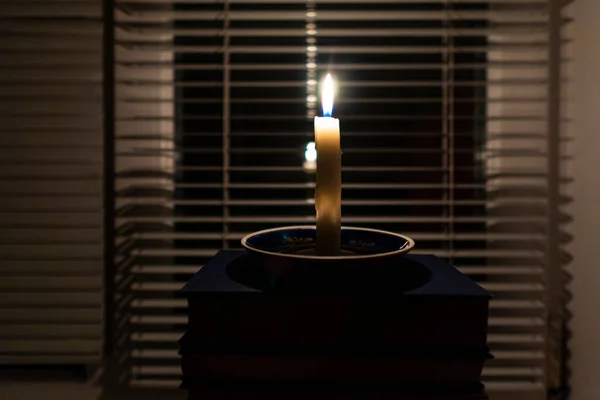 Blackout Energy Crisis Destruction Infrastructure Power Outage Concept Candle Burns — Stock Photo, Image