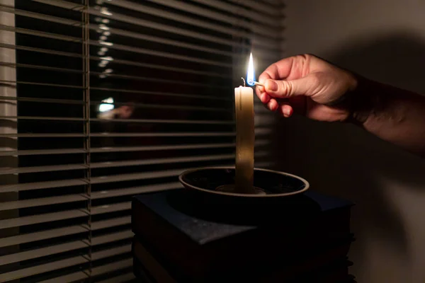 Blackout Energy Crisis Destruction Infrastructure Power Outage Concept Woman Lights — Stock Photo, Image