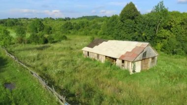 Drone. Hava görüntüsü. Yaz. Güneşli bir gün. Yeşil bir çayırda terk edilmiş eski ahşap bir çiftlik evi. Kamera ileri gider