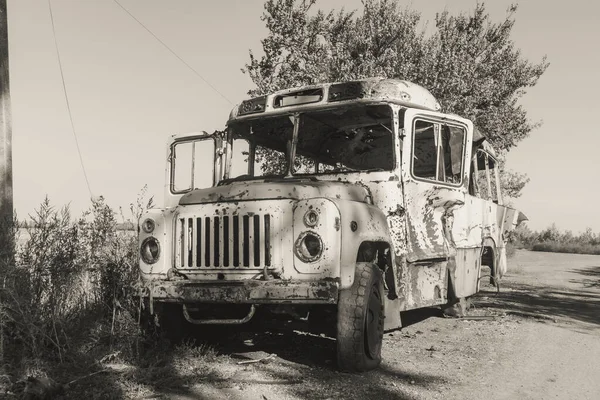 Комендант Автобус Пошкоджений Обстрілом Війна Україні Російське Вторгнення Україну Страх — стокове фото
