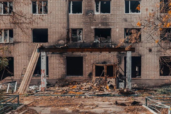 Ingresso Edificio Residenziale Distrutto Bombardamenti Guerra Ucraina Invasione Russa Dell — Foto Stock