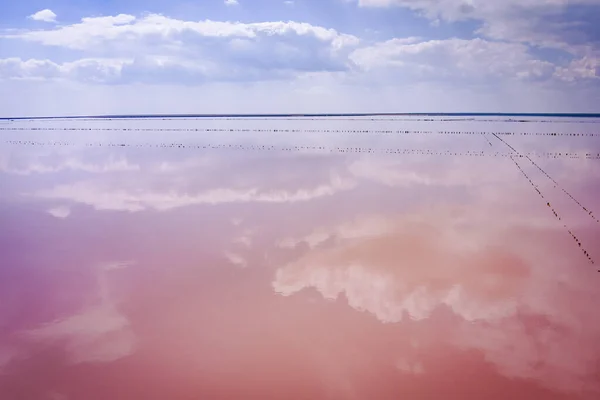 stock image Ukraine. Salty pink lake.  Incredible color of water. Abandoned salt production. Drone. Aerial view