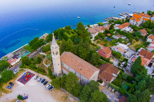 Montenegro Adriatic Sea Catholic Church Shore Bay Kotor Summer Drone — Fotografia de Stock