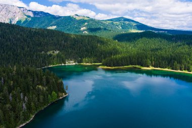 Karadağ. Zabljak. Durmitor Ulusal Parkı. Popüler turist mekanı. Yeşil kozalaklı ormanlarla çevrili kara göl. Doğa konseptinin güzelliği. Drone. Hava görünümü