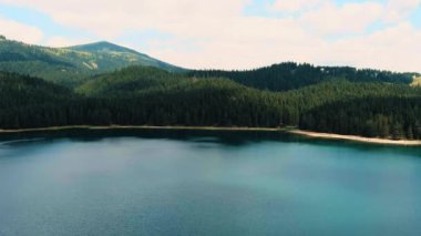 Karadağ. Zabljak. Durmitor Ulusal Parkı. Popüler turist mekanı. Yeşil kozalaklı ormanlarla çevrili kara göl. Drone. Hava görüntüsü. Kamera yukarı hareket ediyor.