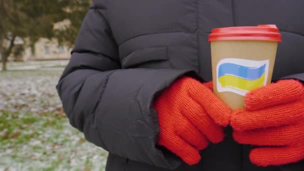 Вінтер Холодна Погода Міський Парк Дівчинка Тримає Руці Чашку Кави — стокове відео