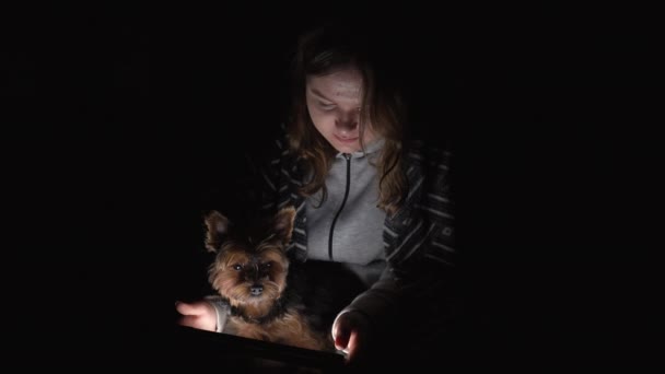 Una Niña Con Perro Pequeño Usa Una Tableta Cuarto Oscuro — Vídeos de Stock