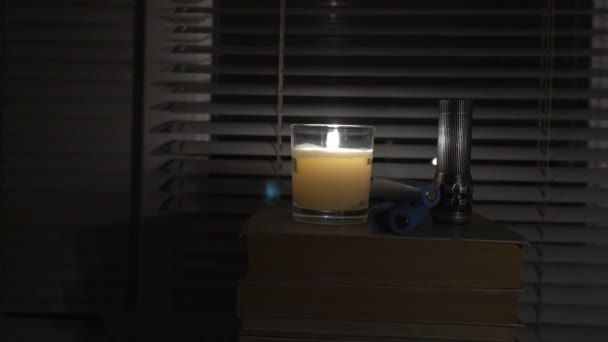 Flashlight Batteries Lie Dark Empty Room Window Light Candle Close — 비디오