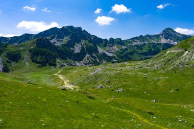 Karadağ. Durmitor Ulusal Parkı. Eyer Geçidi. Alp çayırları. Dağ manzarası. Popüler turizm merkezi