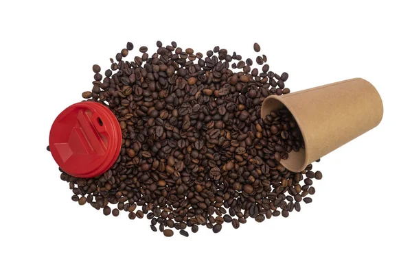 Tilted disposable paper cup with lid filled with roasted coffee beans isolated on white background (close-up)