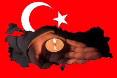 Earthquake in Turkey. Burning candle with a hand (close-up). A picture in the form of a map of Turkey against the background of the national flag of Turkey clipart