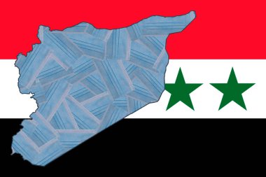 Randomly placed blue medical masks in the form of a geographical map of Syria against the background of the national flag of Syria. Mask mode. Pandemic. Quarantine. Zero Covid