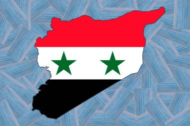 The flag of Syria in the form of a geographical map of Syria against the background of chaotically arranged blue medical masks. Mask mode Pandemic. Quarantine. Zero Covid