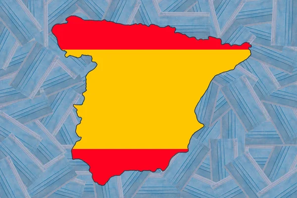 The flag of Spain in the form of a geographical map of Spain against the background of randomly placed blue medical masks. Mask mode. Pandemic. Quarantine. Zero Covid