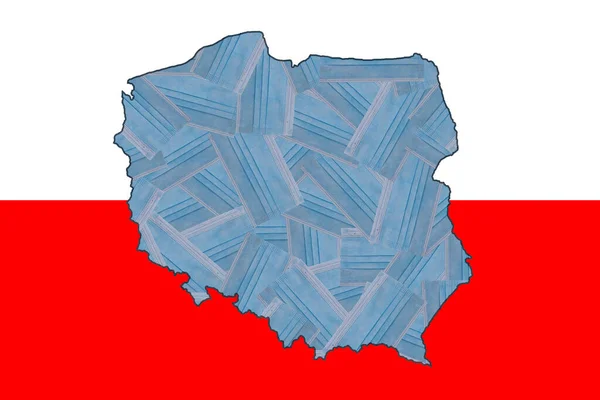 Randomly placed blue medical masks in the form of a geographical map of Poland against the background of the national flag of Poland. Mask mode. Pandemic. Quarantine. Zero Covid