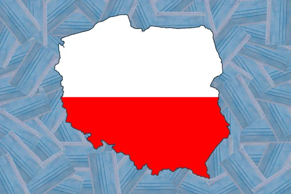 The flag of Poland in the form of a geographical map of Poland against the background of randomly placed blue medical masks. Mask mode. Pandemic. Quarantine. Zero Covid