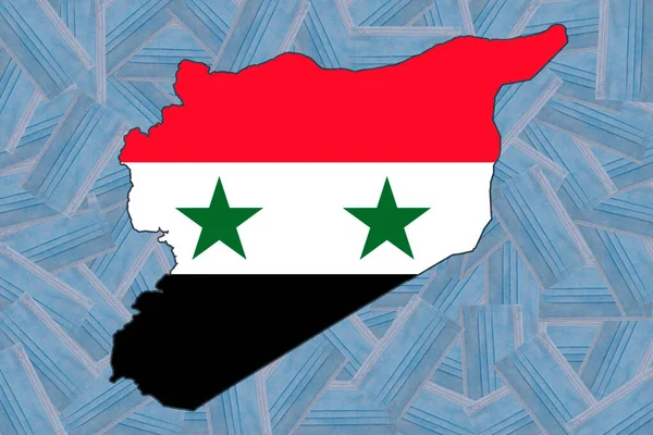 The flag of Syria in the form of a geographical map of Syria against the background of chaotically arranged blue medical masks. Mask mode Pandemic. Quarantine. Zero Covid