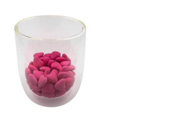 Üveg Szív Alakú Rózsaszín Cukorka Közelkép Elszigetelt Fehér Alapon Kilátás — Stock Fotó