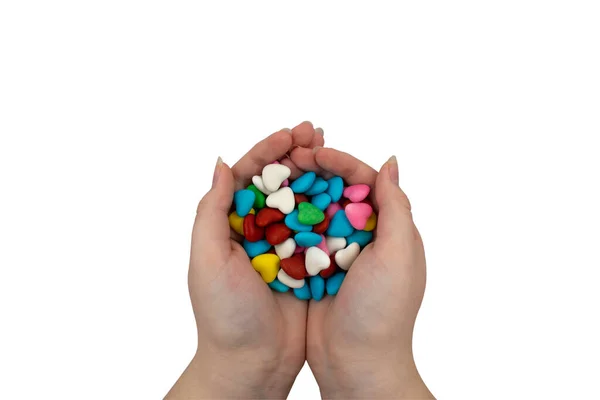 Une Poignée Bonbons Multicolores Forme Cœur Dans Les Mains Isolées — Photo