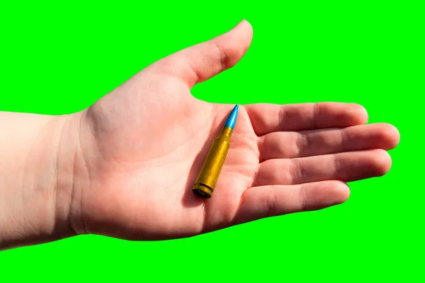 Yellow Blue Rifle Cartridge Hand Green Background Chroma Key National — Stock Photo, Image