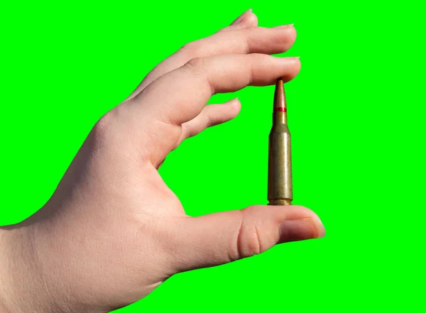 Rifle Cartridge Hand Green Background Chroma Key Close Military Support — Stock Photo, Image