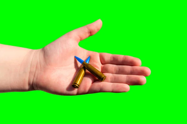 Two Yellow Blue Cartridges Hand Green Background Chroma Key National — Stock Photo, Image
