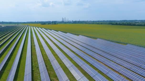 农村太阳能发电厂的俯视图 照相机向前移动 生态学 替代绿色能源 零排放 无人机 空中景观 — 图库视频影像