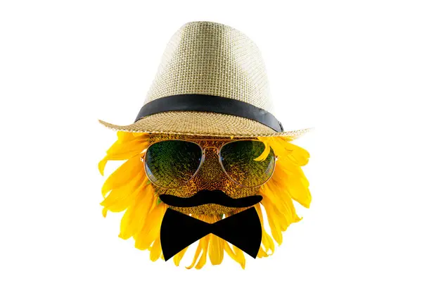 Blühende Gelbe Sonnenblume Mit Hut Sonnenbrille Fliege Und Schnurrbart Großaufnahme — Stockfoto