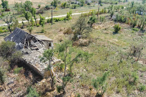 Flygbild Förstörd Landsbygden Efter Strid Krig Ukraina Rysk Invasion Ukraina — Stockfoto