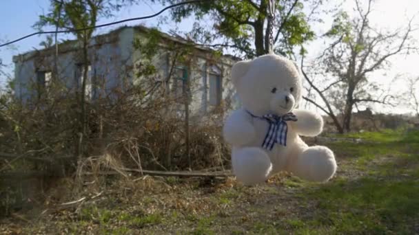 Kırsal Kesimde Beyaz Bir Oyuncak Ayı Bombardımanla Yıkılmış Bir Evin — Stok video