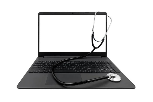 Laptop Blank Screen Medical Stethoscope Isolated White Background Medical Consultation — Stock Photo, Image