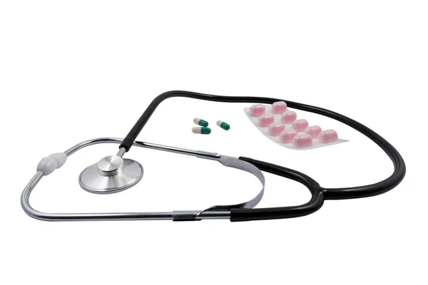 Medical Stethoscope Pills Isolated White Background Medical Diagnosis Treatment Concept — Stock Photo, Image