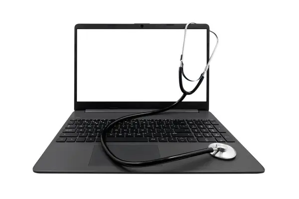 Laptop Blank Screen Medical Stethoscope Isolated White Background Medical Consultation Stock Photo